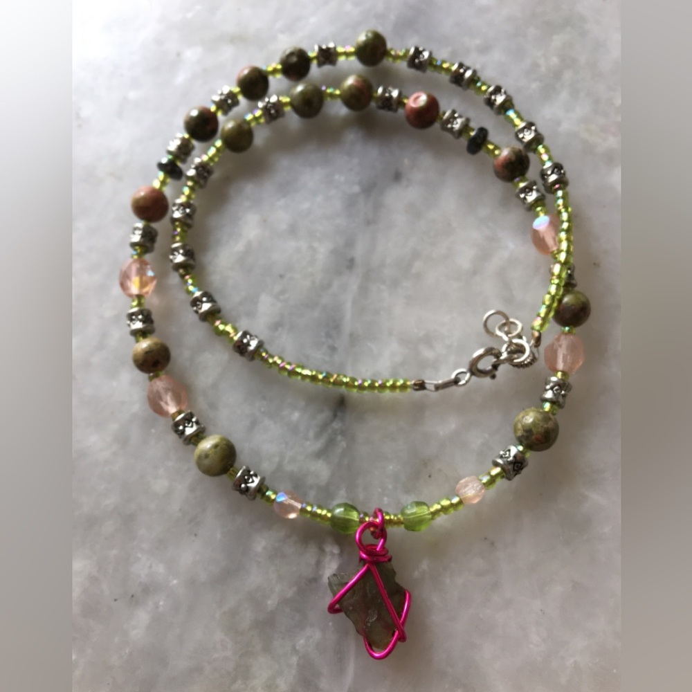 Natural Moldavite Necklace with Unakite Stones, Czech Crystals & Wire Wrapped π - Picture 9 of 15